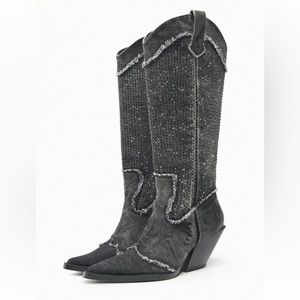 Zara denim rhinestone cowboy boot